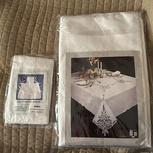 Battenburg Lace Tablecloth Set and Bonus Battenburg Apron Included
